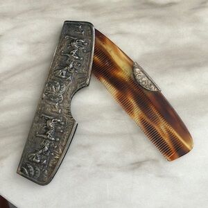 Vintage Asian Repoussé Silver Comb Case w/ Faux Tortoiseshell Comb (1940s–50s)
